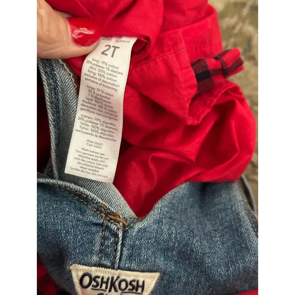 Osh Kosh B’Gosh Denim Red Gingham Plaid Overall Skirt Dress Size 2T